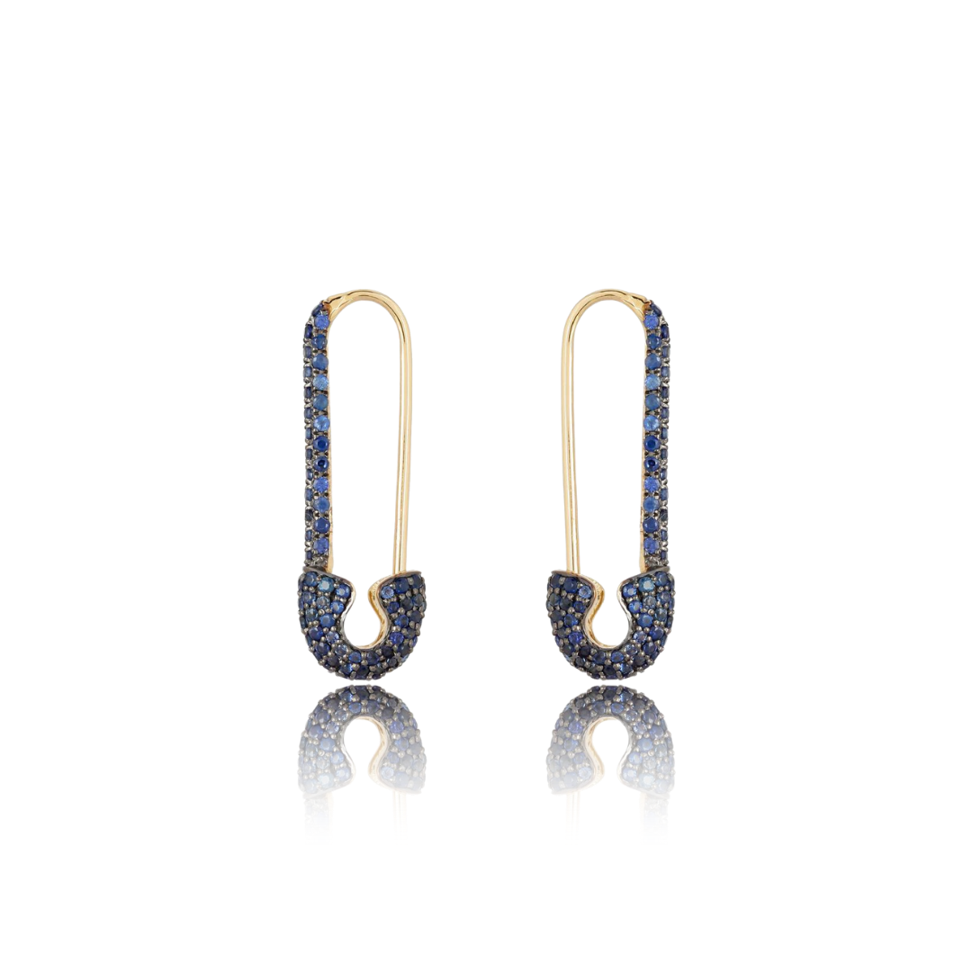 Blue Sapphire Safety Pin Earring - Gold Earrings - The Ear Stylist