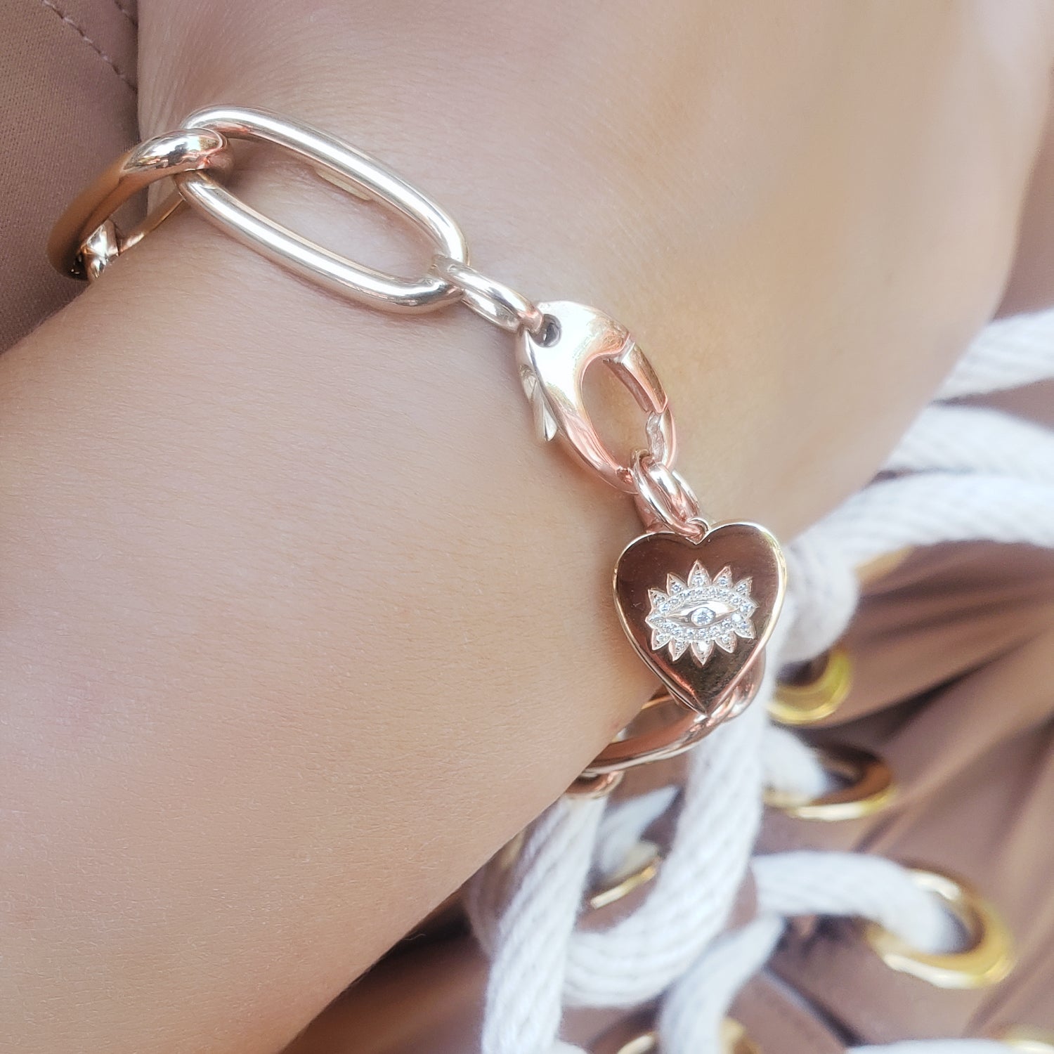 Jumbo Oval Link Bracelet with Evil Eye Heart Charm - Designer Earrings - The EarStylist by Jo Nayor