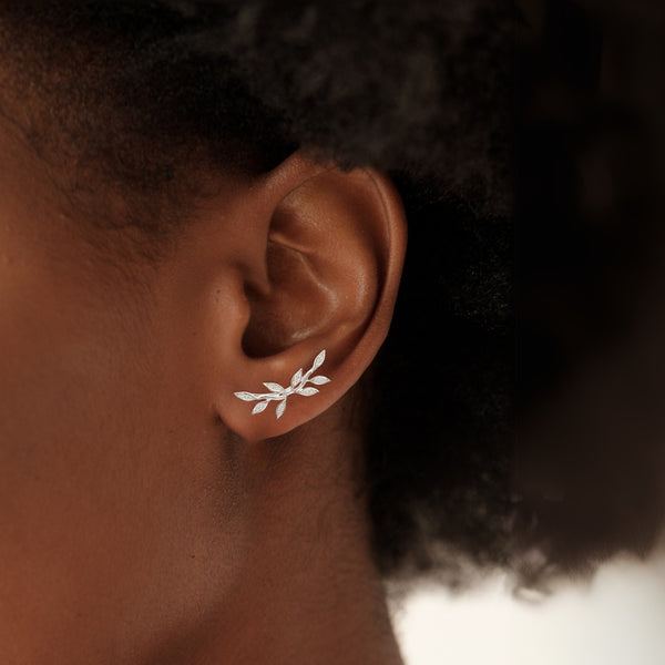 White Gold Diamond Vine Climber- Diamond Earrings - The Ear Stylist