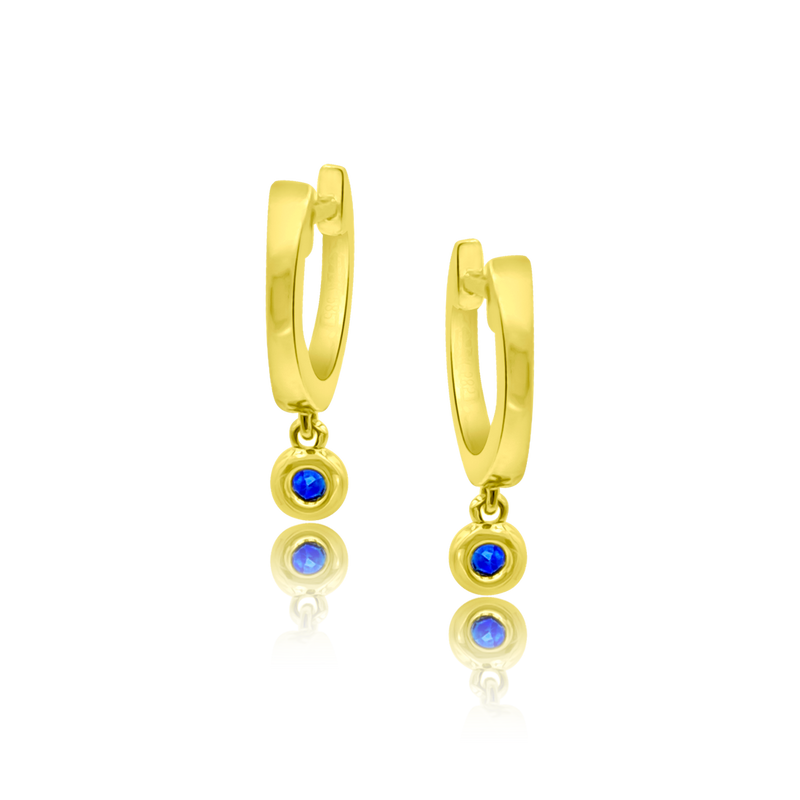 Gold Huggie with Sapphire Drop - Designer Earrings - The Ear Stylist