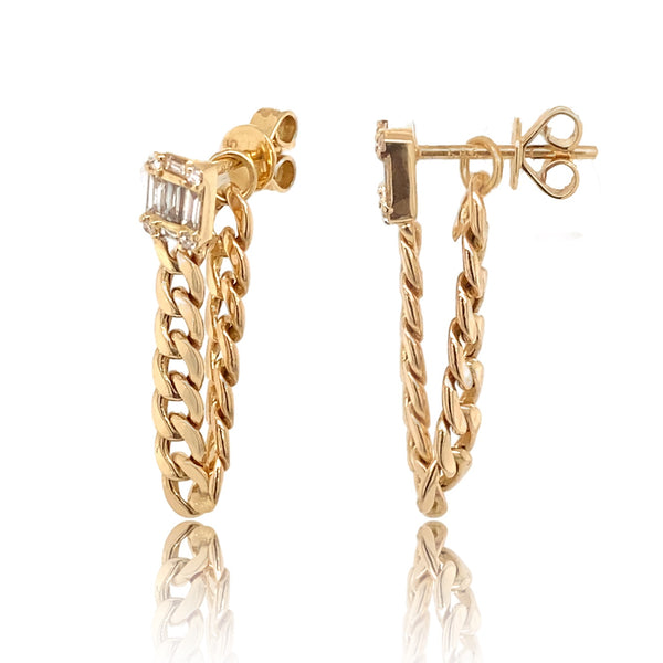 Baguette Stud with Curb Chain - Gold Earrings - EarStylist by Jo Nayor
