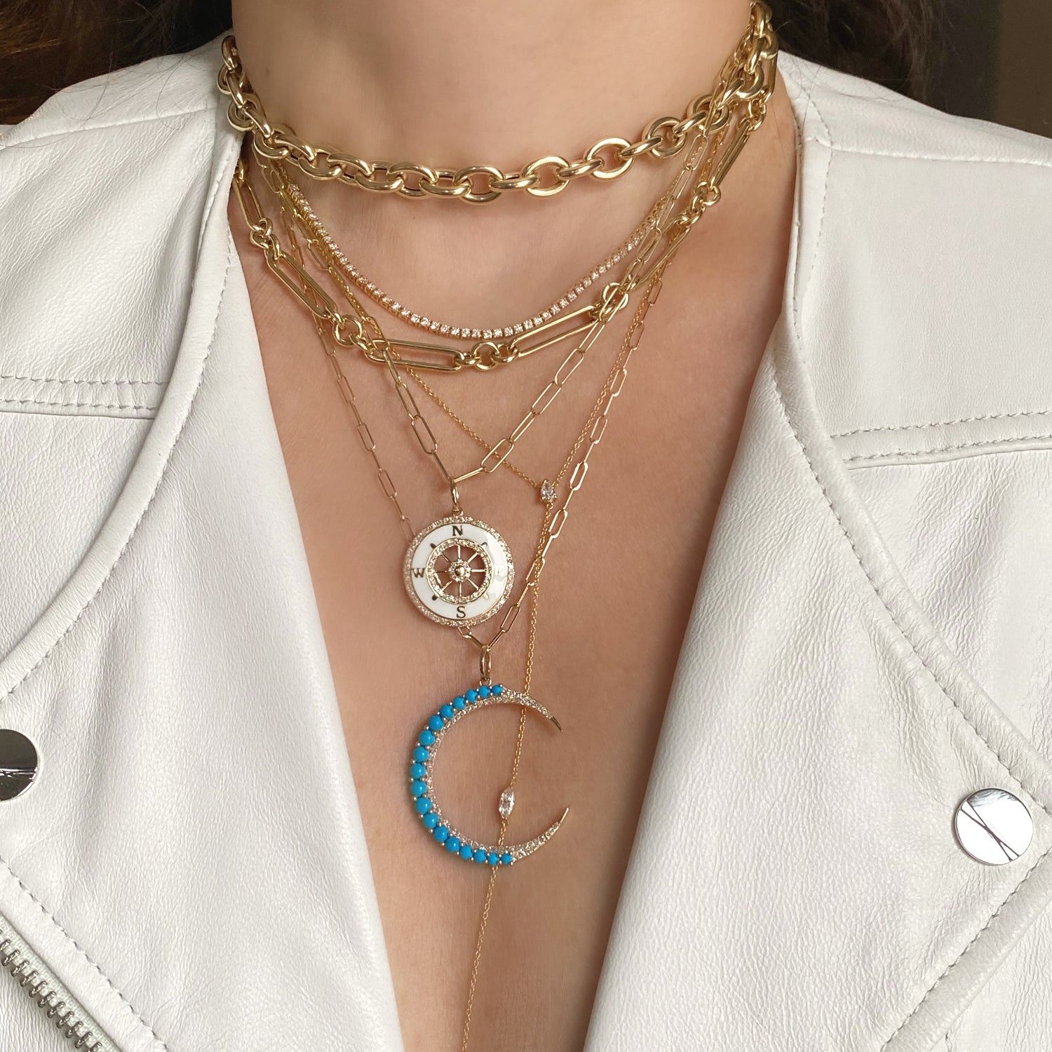 Diamond & Turquoise Waxing Crescent Moon Charm - Necklaces - Jo Nayor 