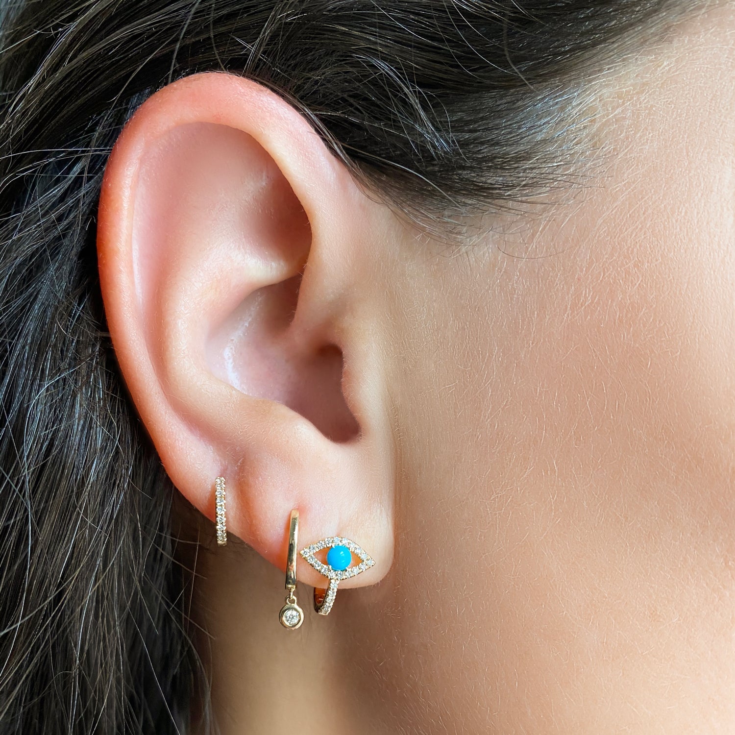 Diamond & Turquoise Evil Eye Huggies - Earrings - The EarStylist