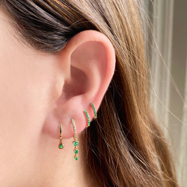 Gold Huggie with Emerald Drop - Designer Earrings - The Ear Stylist