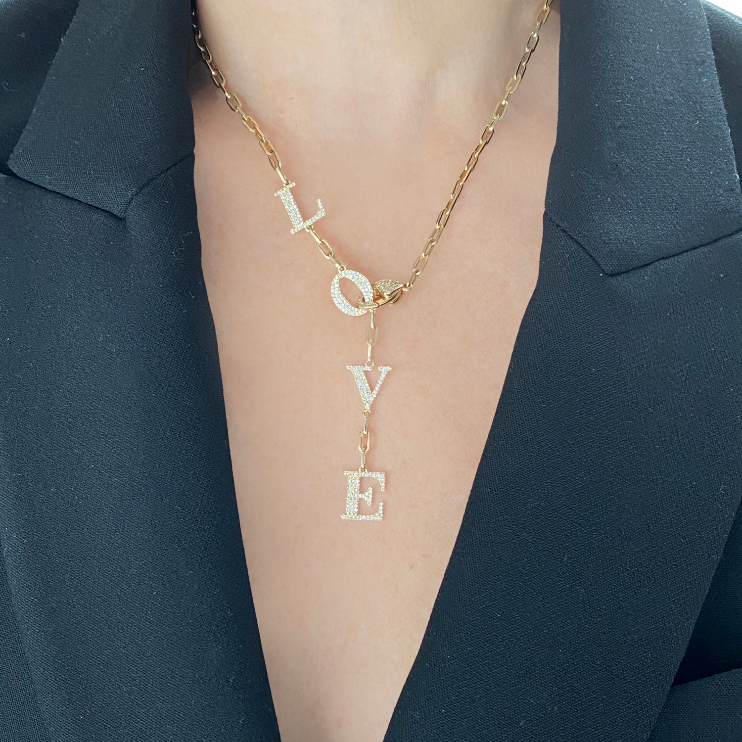 Large Diamond Love Lariat Necklace - Gold Necklaces - Jo Nayor Designs