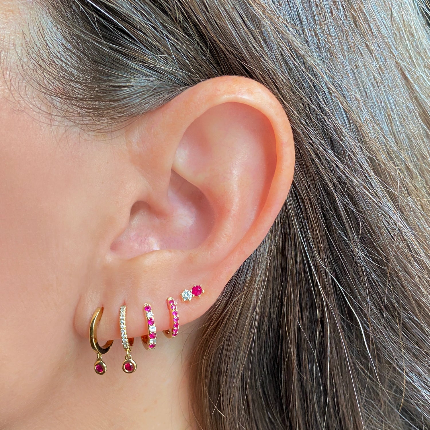 Diamond Huggie with Ruby Drop - Earrings - The Ear Stylist